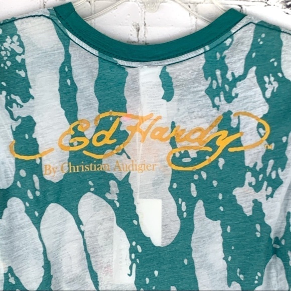 New-ed Hardy Black Rose Of Death Rhinestones BurnOut Sheer ShortSleeve Tee Shirt - Picture 9 of 13